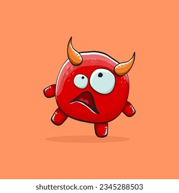 Vector cartoon funny red monster with horn isolated on orange background. Smiling silly blue funky monster print sticker design template. Pink Ghost, troll, gremlin, goblin, devil and monster