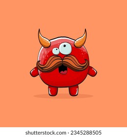 Vector cartoon funny red monster with horn isolated on orange background. Smiling silly blue funky monster print sticker design template. Pink Ghost, troll, gremlin, goblin, devil and monster