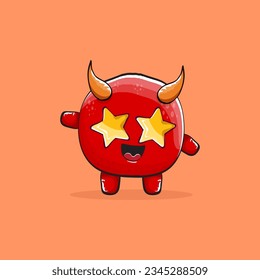 Vector cartoon funny red monster with horn isolated on orange background. Smiling silly blue funky monster print sticker design template. Pink Ghost, troll, gremlin, goblin, devil and monster