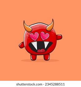 Vector cartoon funny red monster with horn isolated on orange background. Smiling silly blue funky monster print sticker design template. Pink Ghost, troll, gremlin, goblin, devil and monster