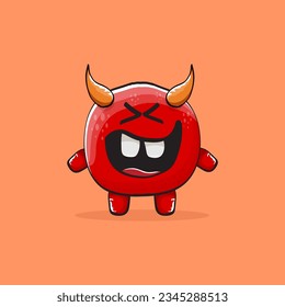 Vector cartoon funny red monster with horn isolated on orange background. Smiling silly blue funky monster print sticker design template. Pink Ghost, troll, gremlin, goblin, devil and monster