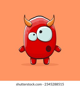 Vector cartoon funny red monster with horn isolated on orange background. Smiling silly blue funky monster print sticker design template. Pink Ghost, troll, gremlin, goblin, devil and monster