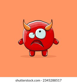 Vector cartoon funny red monster with horn isolated on orange background. Smiling silly blue funky monster print sticker design template. Pink Ghost, troll, gremlin, goblin, devil and monster