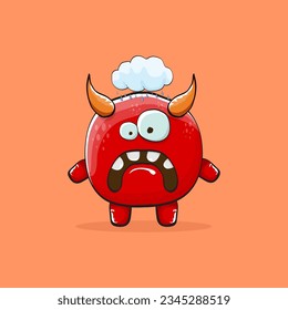 Vector cartoon funny red monster with horn isolated on orange background. Smiling silly blue funky monster print sticker design template. Pink Ghost, troll, gremlin, goblin, devil and monster