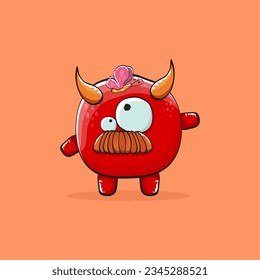 Vector cartoon funny red monster with horn isolated on orange background. Smiling silly blue funky monster print sticker design template. Pink Ghost, troll, gremlin, goblin, devil and monster