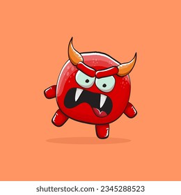 Vector cartoon funny red monster with horn isolated on orange background. Smiling silly blue funky monster print sticker design template. Pink Ghost, troll, gremlin, goblin, devil and monster