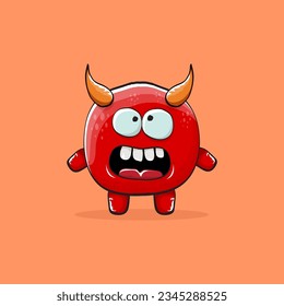 Vector cartoon funny red monster with horn isolated on orange background. Smiling silly blue funky monster print sticker design template. Pink Ghost, troll, gremlin, goblin, devil and monster