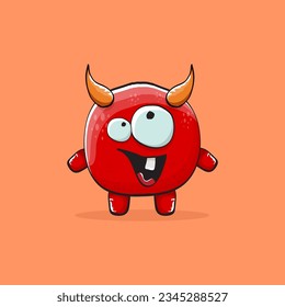 Vector cartoon funny red monster with horn isolated on orange background. Smiling silly blue funky monster print sticker design template. Pink Ghost, troll, gremlin, goblin, devil and monster