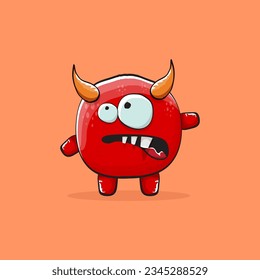 Vector cartoon funny red monster with horn isolated on orange background. Smiling silly blue funky monster print sticker design template. Pink Ghost, troll, gremlin, goblin, devil and monster