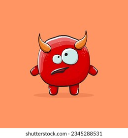 Vector cartoon funny red monster with horn isolated on orange background. Smiling silly blue funky monster print sticker design template. Pink Ghost, troll, gremlin, goblin, devil and monster