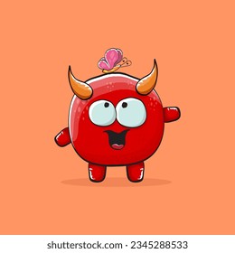 Vector cartoon funny red monster with horn isolated on orange background. Smiling silly blue funky monster print sticker design template. Pink Ghost, troll, gremlin, goblin, devil and monster