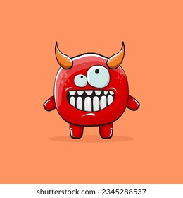 Vector cartoon funny red monster with horn isolated on orange background. Smiling silly blue funky monster print sticker design template. Pink Ghost, troll, gremlin, goblin, devil and monster