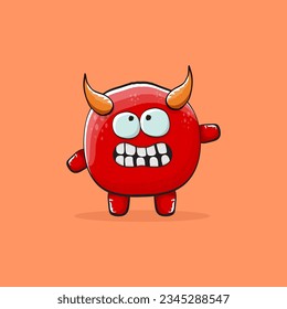 Vector cartoon funny red monster with horn isolated on orange background. Smiling silly blue funky monster print sticker design template. Pink Ghost, troll, gremlin, goblin, devil and monster