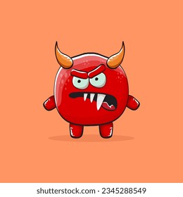 Vector cartoon funny red monster with horn isolated on orange background. Smiling silly blue funky monster print sticker design template. Pink Ghost, troll, gremlin, goblin, devil and monster