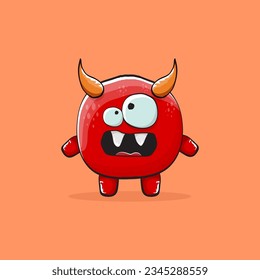 Vector cartoon funny red monster with horn isolated on orange background. Smiling silly blue funky monster print sticker design template. Pink Ghost, troll, gremlin, goblin, devil and monster