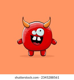 Vector cartoon funny red monster with horn isolated on orange background. Smiling silly blue funky monster print sticker design template. Pink Ghost, troll, gremlin, goblin, devil and monster