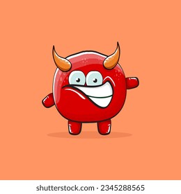 Vector cartoon funny red monster with horn isolated on orange background. Smiling silly blue funky monster print sticker design template. Pink Ghost, troll, gremlin, goblin, devil and monster