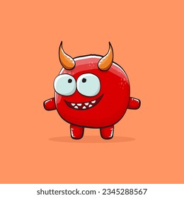 Vector cartoon funny red monster with horn isolated on orange background. Smiling silly blue funky monster print sticker design template. Pink Ghost, troll, gremlin, goblin, devil and monster