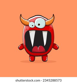 Vector cartoon funny red monster with horn isolated on orange background. Smiling silly blue funky monster print sticker design template. Pink Ghost, troll, gremlin, goblin, devil and monster