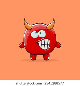 Vector cartoon funny red monster with horn isolated on orange background. Smiling silly blue funky monster print sticker design template. Pink Ghost, troll, gremlin, goblin, devil and monster