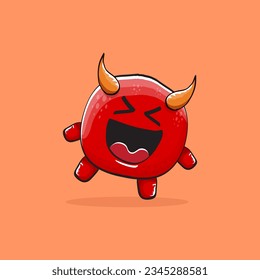 Vector cartoon funny red monster with horn isolated on orange background. Smiling silly blue funky monster print sticker design template. Pink Ghost, troll, gremlin, goblin, devil and monster