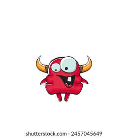 Vector cartoon funny red monster with mouth, eyes and horn isolated on white background. Smiling red cartoon monster print sticker design template. Ghost, troll, gremlin, goblin, devil and monster