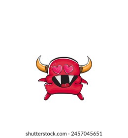 Vector cartoon funny red monster with mouth, eyes and horn isolated on white background. Smiling red cartoon monster print sticker design template. Ghost, troll, gremlin, goblin, devil and monster