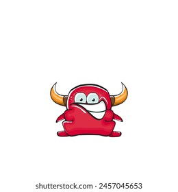 Vector cartoon funny red monster with mouth, eyes and horn isolated on white background. Smiling red cartoon monster print sticker design template. Ghost, troll, gremlin, goblin, devil and monster