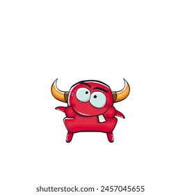 Vector cartoon funny red monster with mouth, eyes and horn isolated on white background. Smiling red cartoon monster print sticker design template. Ghost, troll, gremlin, goblin, devil and monster