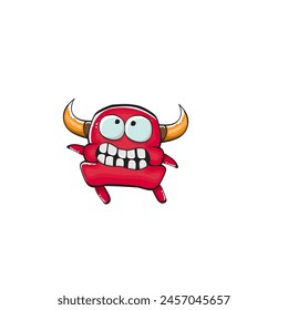 Vector cartoon funny red monster with mouth, eyes and horn isolated on white background. Smiling red cartoon monster print sticker design template. Ghost, troll, gremlin, goblin, devil and monster