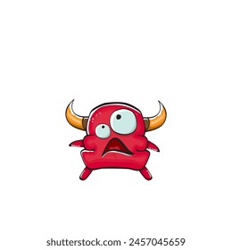 Vector cartoon funny red monster with mouth, eyes and horn isolated on white background. Smiling red cartoon monster print sticker design template. Ghost, troll, gremlin, goblin, devil and monster