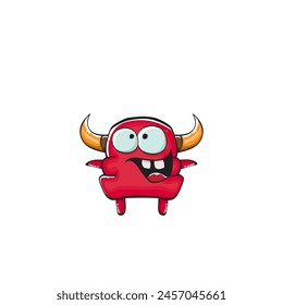 Vector cartoon funny red monster with mouth, eyes and horn isolated on white background. Smiling red cartoon monster print sticker design template. Ghost, troll, gremlin, goblin, devil and monster