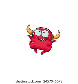 Vector cartoon funny red monster with mouth, eyes and horn isolated on white background. Smiling red cartoon monster print sticker design template. Ghost, troll, gremlin, goblin, devil and monster