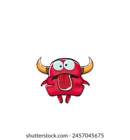 Vector cartoon funny red monster with mouth, eyes and horn isolated on white background. Smiling red cartoon monster print sticker design template. Ghost, troll, gremlin, goblin, devil and monster