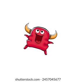 Vector cartoon funny red monster with mouth, eyes and horn isolated on white background. Smiling red cartoon monster print sticker design template. Ghost, troll, gremlin, goblin, devil and monster