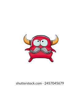 Vector cartoon funny red monster with mouth, eyes and horn isolated on white background. Smiling red cartoon monster print sticker design template. Ghost, troll, gremlin, goblin, devil and monster