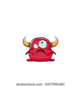 Vector cartoon funny red monster with mouth, eyes and horn isolated on white background. Smiling red cartoon monster print sticker design template. Ghost, troll, gremlin, goblin, devil and monster