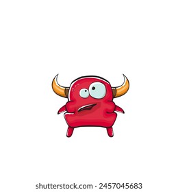 Vector cartoon funny red monster with mouth, eyes and horn isolated on white background. Smiling red cartoon monster print sticker design template. Ghost, troll, gremlin, goblin, devil and monster