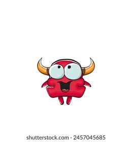 Vector cartoon funny red monster with mouth, eyes and horn isolated on white background. Smiling red cartoon monster print sticker design template. Ghost, troll, gremlin, goblin, devil and monster