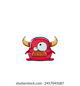 Vector cartoon funny red monster with mouth, eyes and horn isolated on white background. Smiling red cartoon monster print sticker design template. Ghost, troll, gremlin, goblin, devil and monster