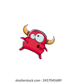 Vector cartoon funny red monster with mouth, eyes and horn isolated on white background. Smiling red cartoon monster print sticker design template. Ghost, troll, gremlin, goblin, devil and monster