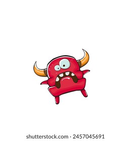 Vector cartoon funny red monster with mouth, eyes and horn isolated on white background. Smiling red cartoon monster print sticker design template. Ghost, troll, gremlin, goblin, devil and monster