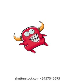 Vector cartoon funny red monster with mouth, eyes and horn isolated on white background. Smiling red cartoon monster print sticker design template. Ghost, troll, gremlin, goblin, devil and monster