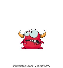 Vector cartoon funny red monster with mouth, eyes and horn isolated on white background. Smiling red cartoon monster print sticker design template. Ghost, troll, gremlin, goblin, devil and monster