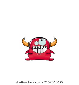 Vector cartoon funny red monster with mouth, eyes and horn isolated on white background. Smiling red cartoon monster print sticker design template. Ghost, troll, gremlin, goblin, devil and monster