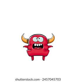 Vector cartoon funny red monster with mouth, eyes and horn isolated on white background. Smiling red cartoon monster print sticker design template. Ghost, troll, gremlin, goblin, devil and monster