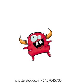 Vector cartoon funny red monster with mouth, eyes and horn isolated on white background. Smiling red cartoon monster print sticker design template. Ghost, troll, gremlin, goblin, devil and monster