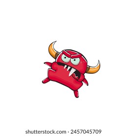 Vector cartoon funny red monster with mouth, eyes and horn isolated on white background. Smiling red cartoon monster print sticker design template. Ghost, troll, gremlin, goblin, devil and monster