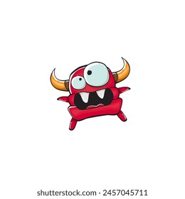 Vector cartoon funny red monster with mouth, eyes and horn isolated on white background. Smiling red cartoon monster print sticker design template. Ghost, troll, gremlin, goblin, devil and monster