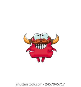 Vector cartoon funny red monster with mouth, eyes and horn isolated on white background. Smiling red cartoon monster print sticker design template. Ghost, troll, gremlin, goblin, devil and monster